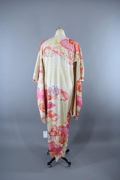 1960s Vintage Silk Kimono Robe / Ivory Pink Floral Furisode - ThisBlueBird