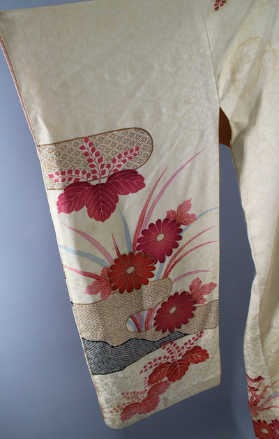 1960s Vintage Silk Kimono Robe / Ivory Pink Floral Furisode - ThisBlueBird