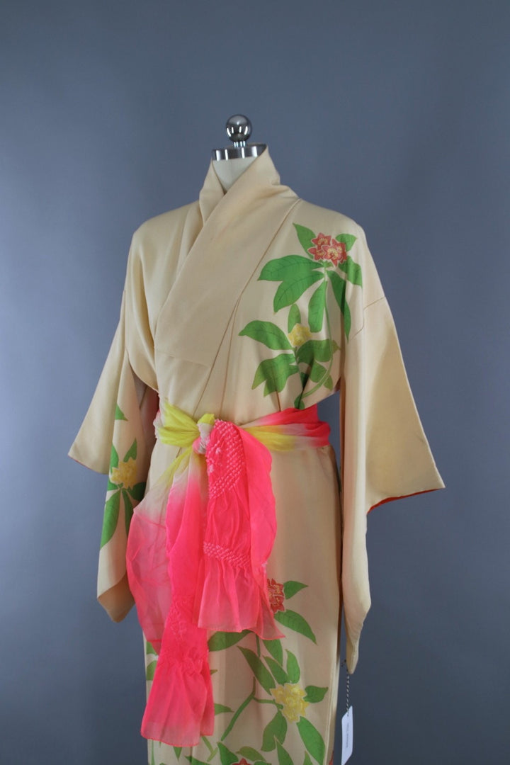 1960s Vintage Silk Kimono Robe / Ivory Pink Floral - ThisBlueBird