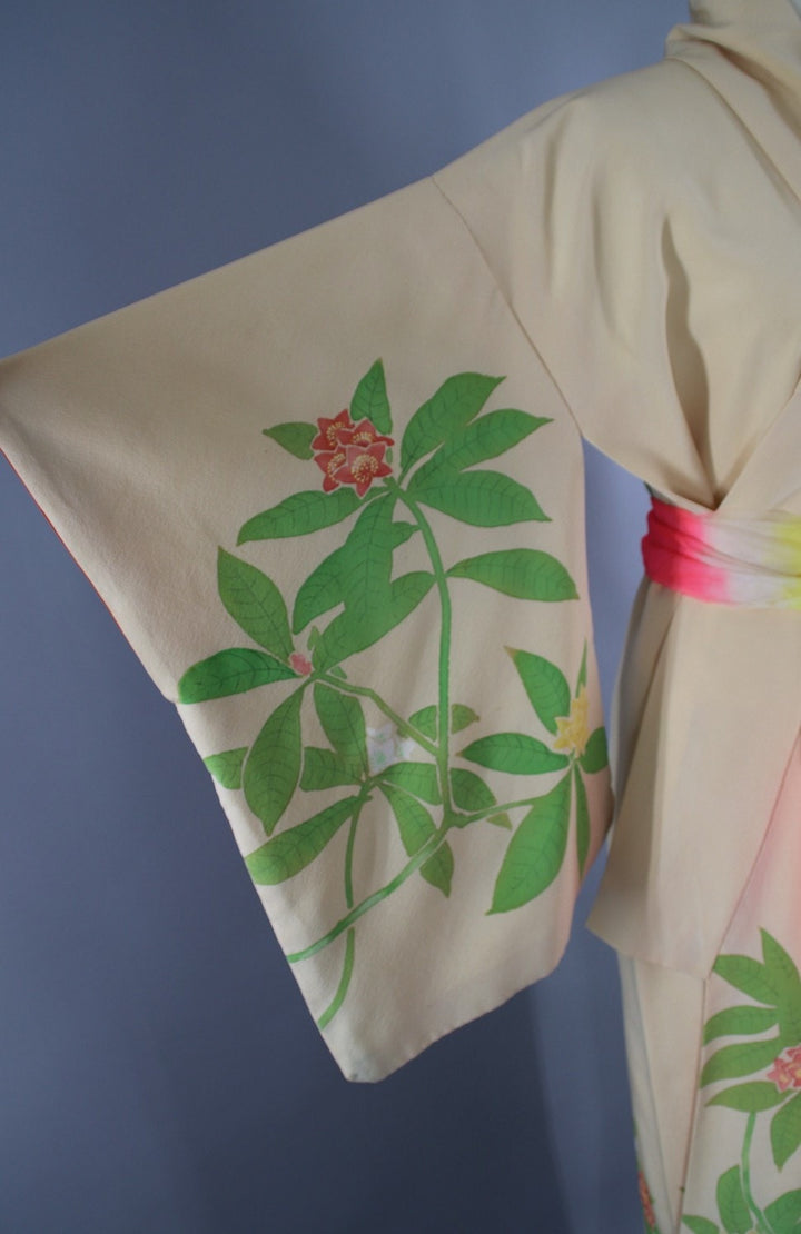 1960s Vintage Silk Kimono Robe / Ivory Pink Floral - ThisBlueBird