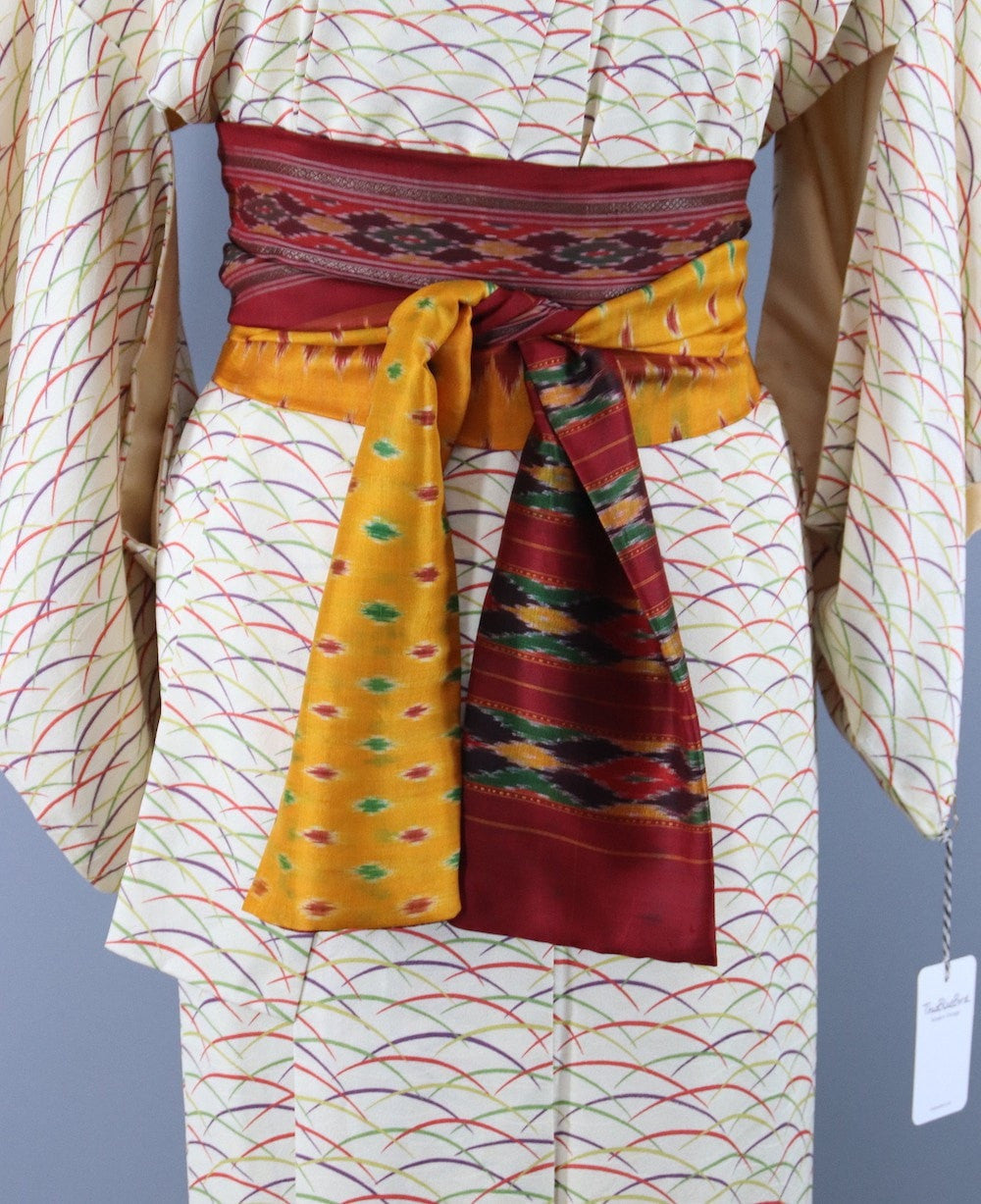 1960s Vintage Silk Kimono Robe / Ivory Rainbow Abstract - ThisBlueBird