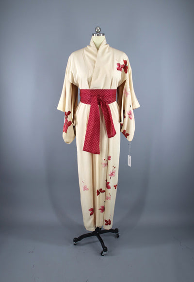 1960s Vintage Silk Kimono Robe / Ivory Red Watercolor Floral Print - ThisBlueBird