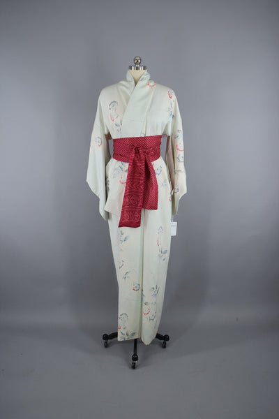 1960s Vintage Silk Kimono Robe / Pale Blue & Pink Floral - ThisBlueBird