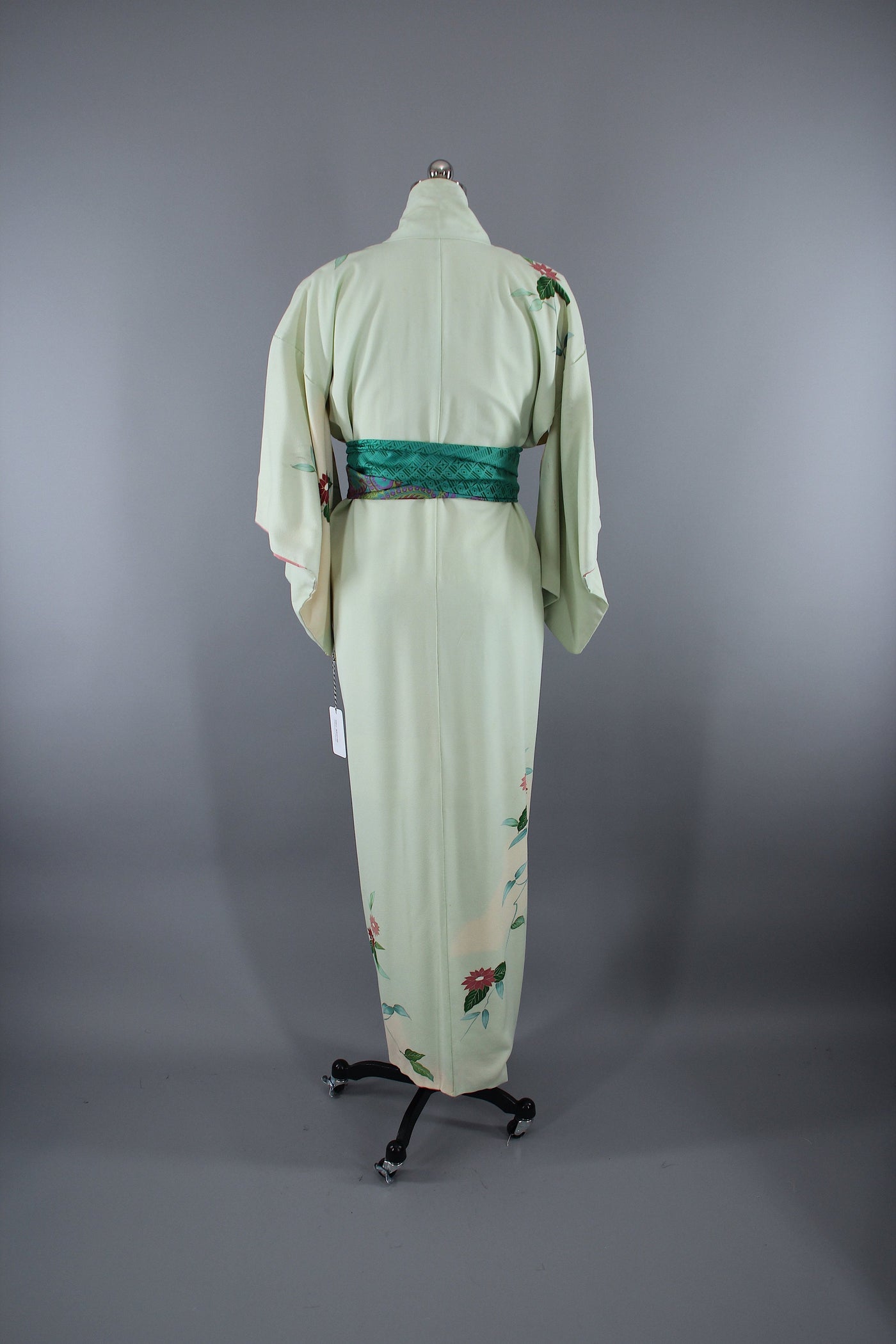 1960s Vintage Silk Kimono Robe / Pale Green Floral - ThisBlueBird