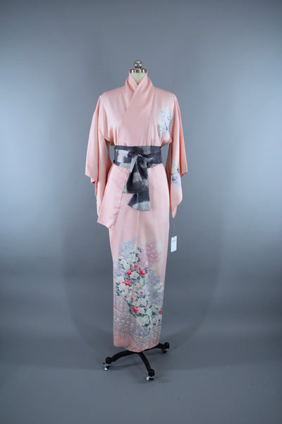 1960s Vintage Silk Kimono Robe / Pastel Pink Floral Print - ThisBlueBird