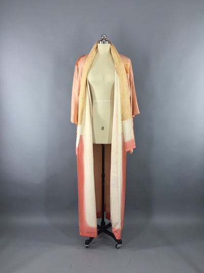 1960s Vintage Silk Kimono Robe / Peach Floral Print - ThisBlueBird