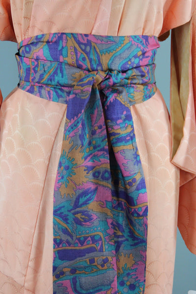 1960s Vintage Silk Kimono Robe /  Peach Orange Sherbet Seigaiha Fans - ThisBlueBird