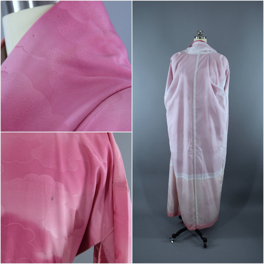 1960s Vintage Silk Kimono Robe / Pink and White Ombre Clouds - ThisBlueBird
