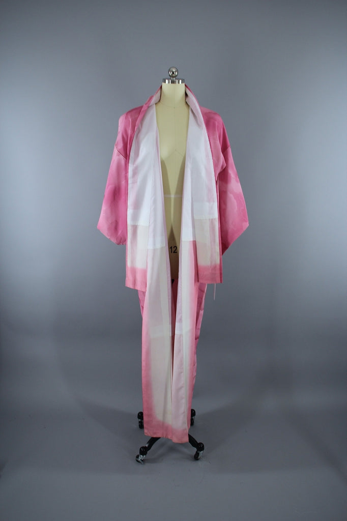 1960s Vintage Silk Kimono Robe / Pink and White Ombre Clouds - ThisBlueBird