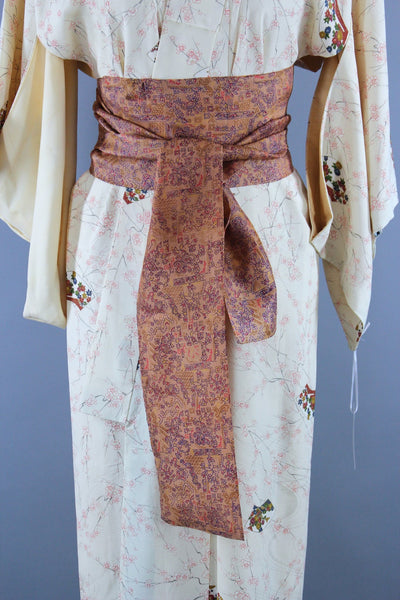 1960s Vintage Silk Kimono Robe / Pink Peach Cherry Blossoms Floral Print - ThisBlueBird