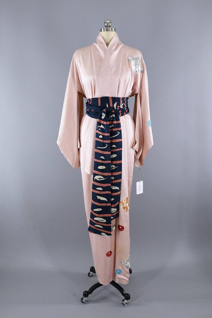 1960s Vintage Silk Kimono Robe / Pink Silver Gold Embroidered Floral ...
