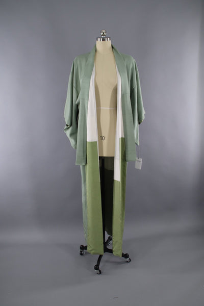 1960s Vintage Silk Kimono Robe / Silver Sage Green Ferns - ThisBlueBird