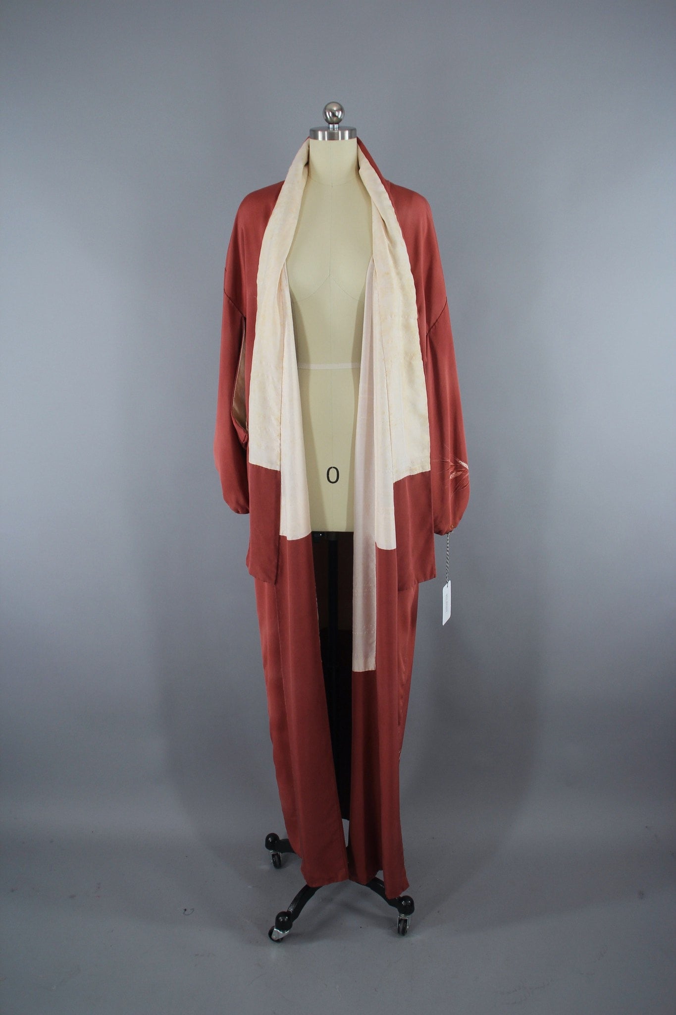 1960s Vintage Silk Kimono Robe / Terra Cotta Orange Bamboo Leaves Print - ThisBlueBird