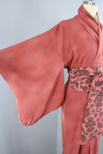 1960s Vintage Silk Kimono Robe / Terra Cotta Orange Bamboo Leaves Print - ThisBlueBird