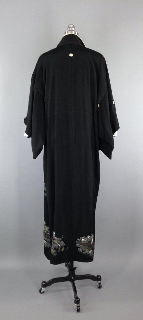 1960s Vintage Silk Kimono Robe Tomesode / Black Floral - ThisBlueBird