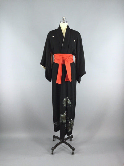 1960s Vintage Silk Kimono Robe Tomesode / Black Floral - ThisBlueBird