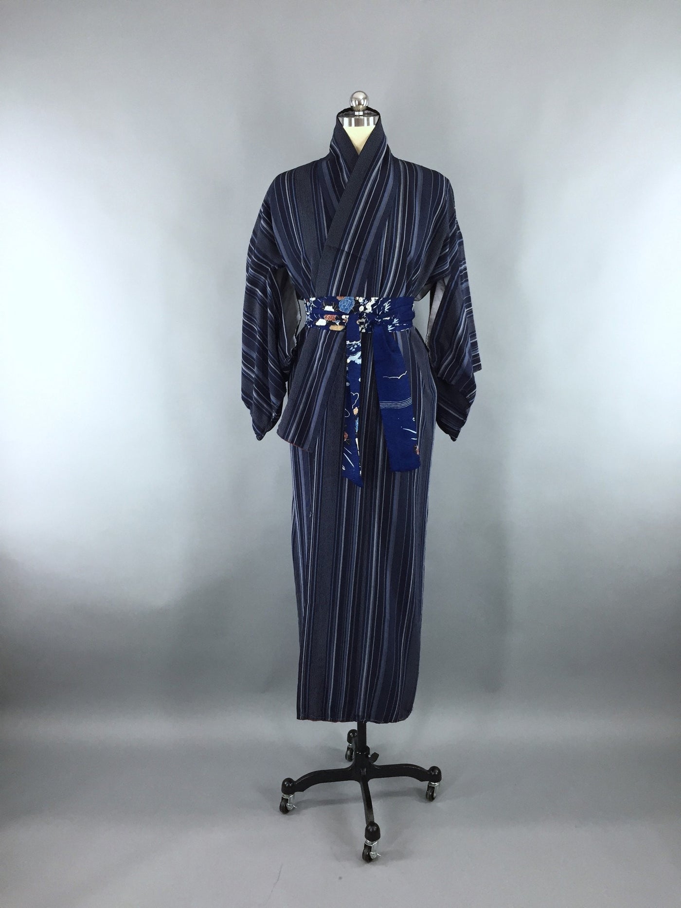 1960s Vintage Silk Kimono Robe with Blue Stripes - ThisBlueBird