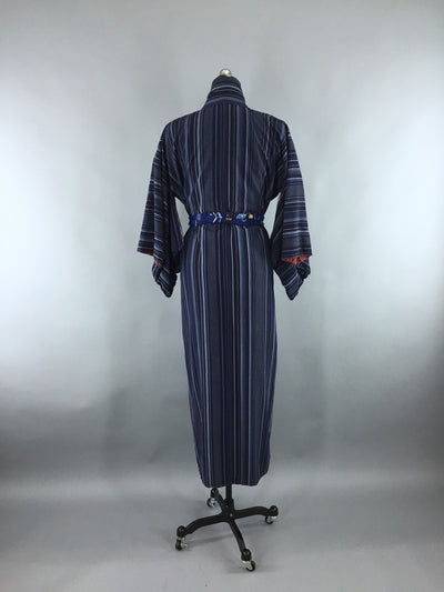 1960s Vintage Silk Kimono Robe with Blue Stripes - ThisBlueBird