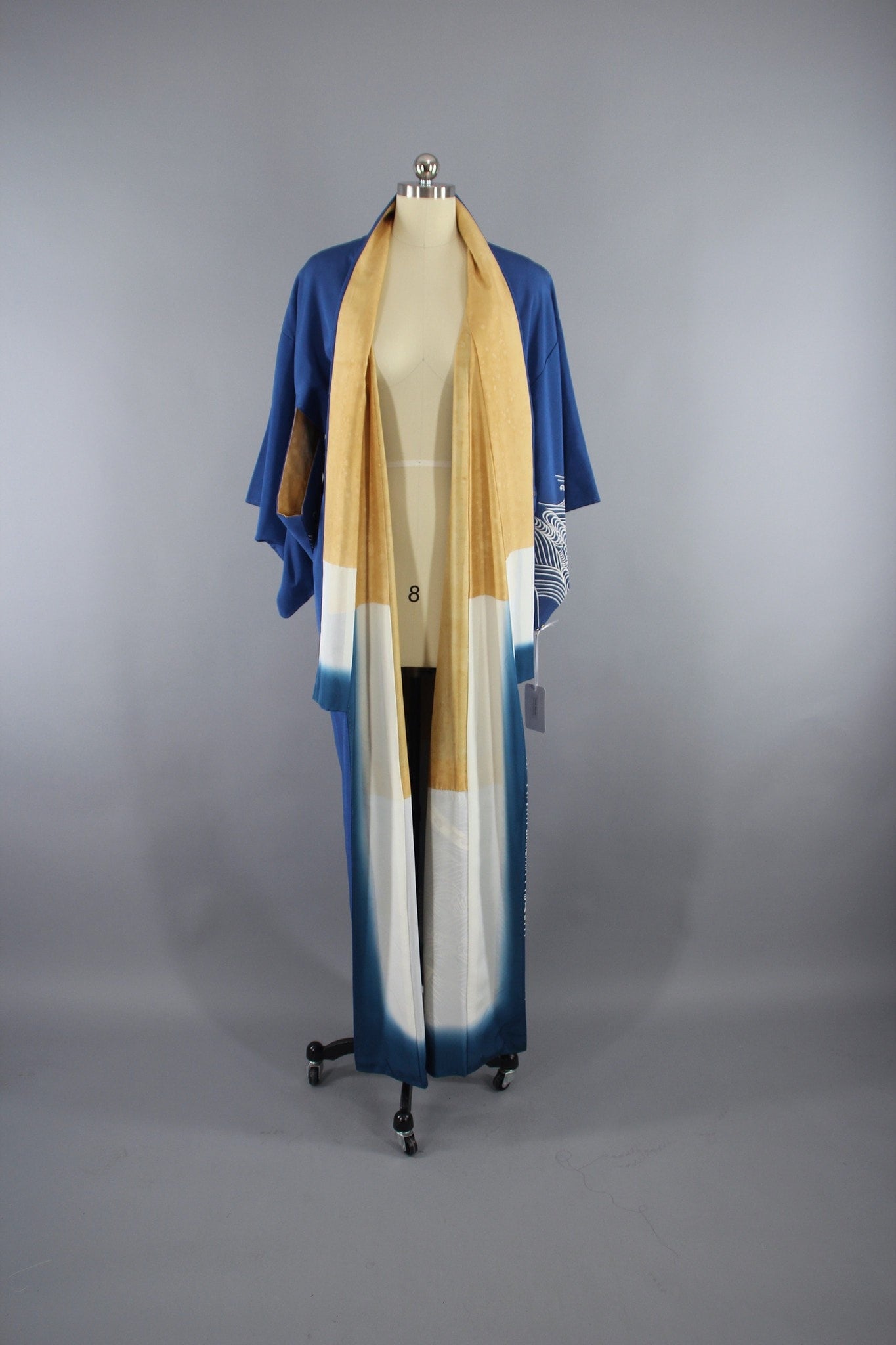 1960s Vintage Silk Kimono Robe with Blue Waves - ThisBlueBird