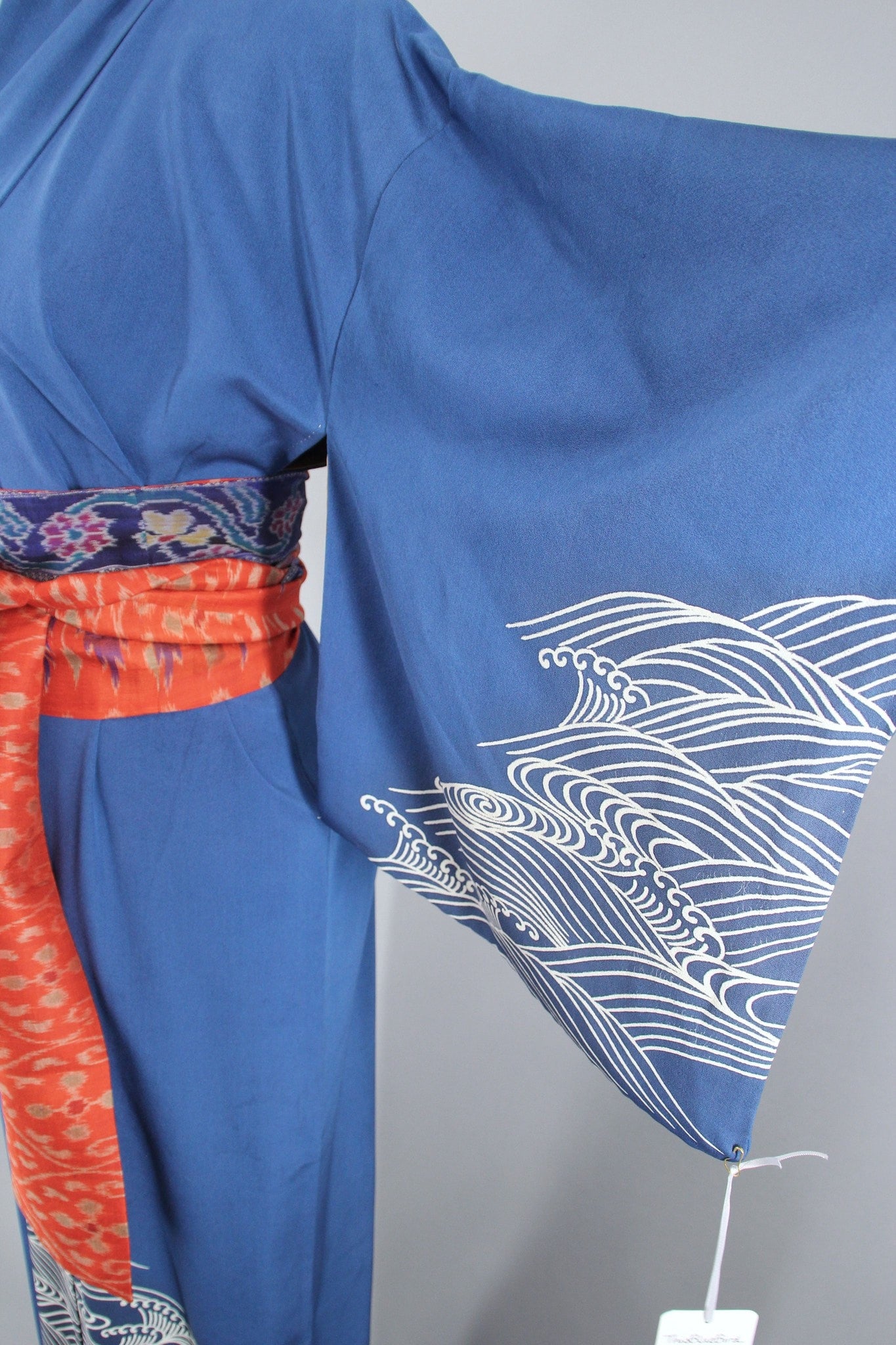 1960s Vintage Silk Kimono Robe with Blue Waves - ThisBlueBird