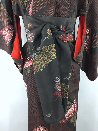 1960s Vintage Silk Kimono Robe with Formal Black and Red Floral Embroidery - ThisBlueBird
