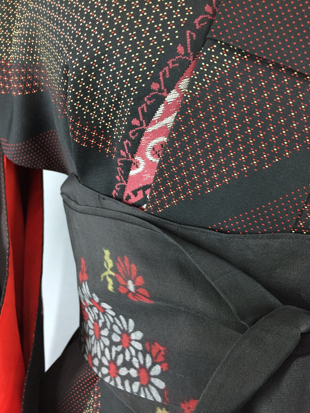 1960s Vintage Silk Kimono Robe with Formal Black and Red Floral Embroidery - ThisBlueBird