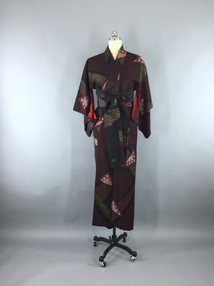 1960s Vintage Silk Kimono Robe with Formal Black and Red Floral Embroidery - ThisBlueBird