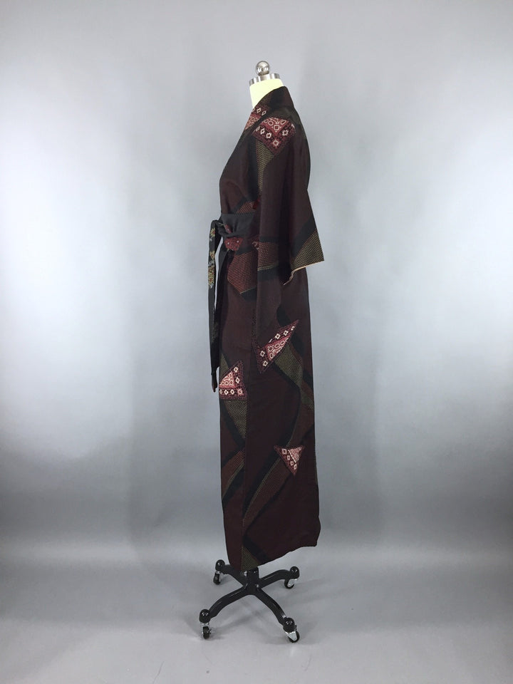 1960s Vintage Silk Kimono Robe with Formal Black and Red Floral Embroidery - ThisBlueBird