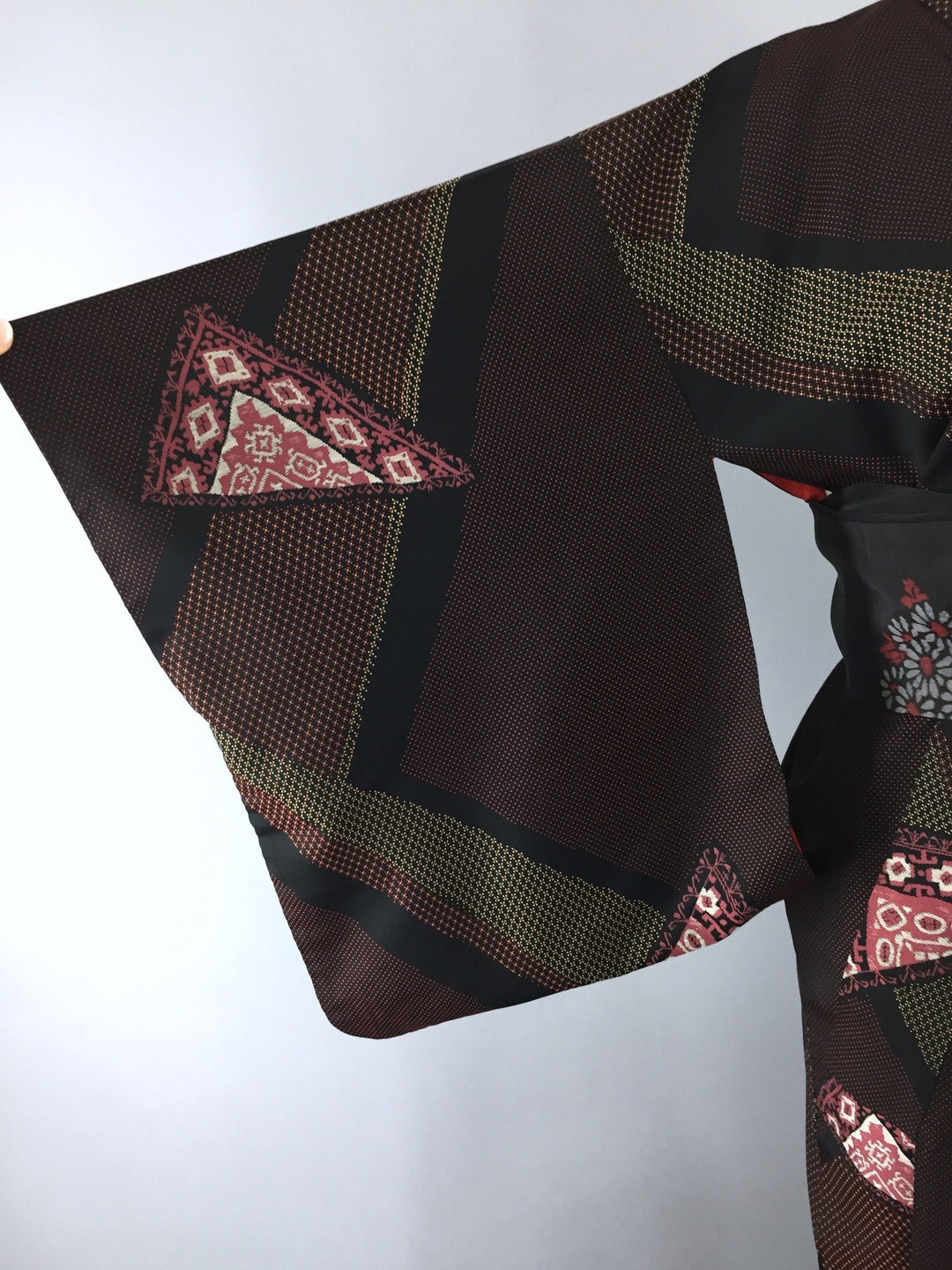 1960s Vintage Silk Kimono Robe with Formal Black and Red Floral Embroidery - ThisBlueBird