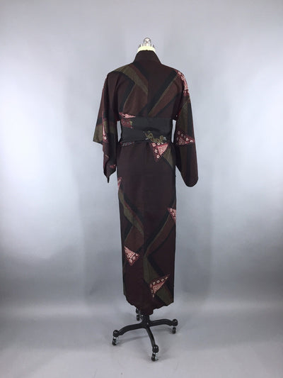 1960s Vintage Silk Kimono Robe with Formal Black and Red Floral Embroidery - ThisBlueBird