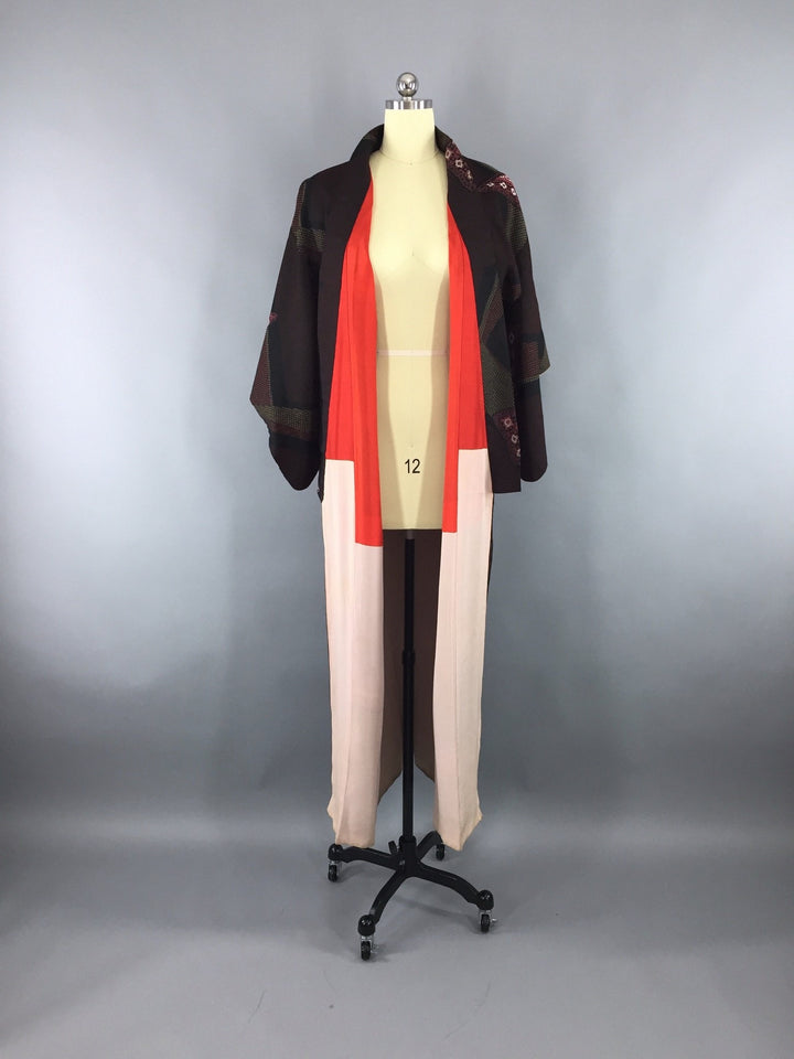 1960s Vintage Silk Kimono Robe with Formal Black and Red Floral Embroidery - ThisBlueBird