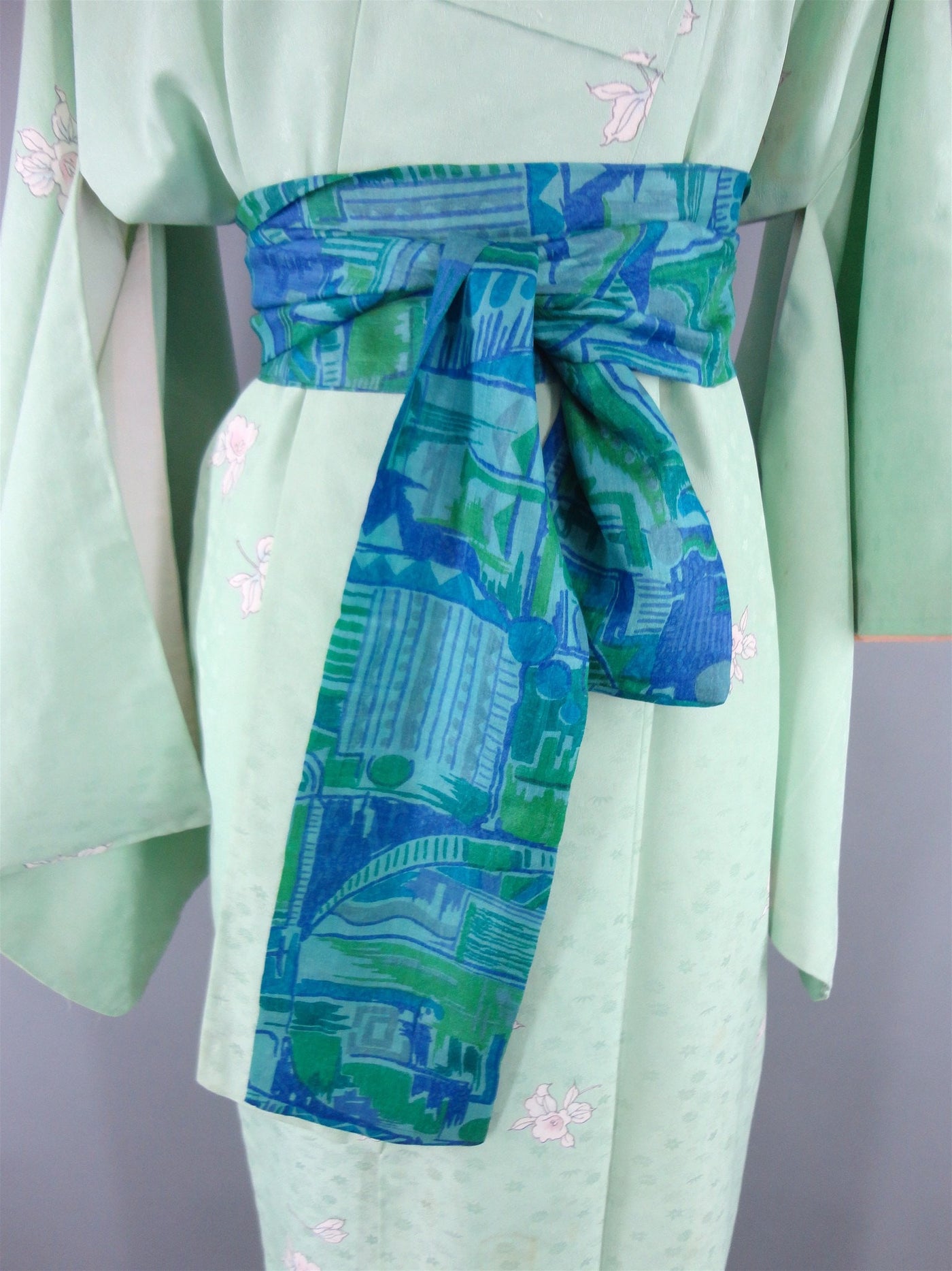 1960s Vintage Silk Kimono Robe with Green Orchid Floral Print - ThisBlueBird