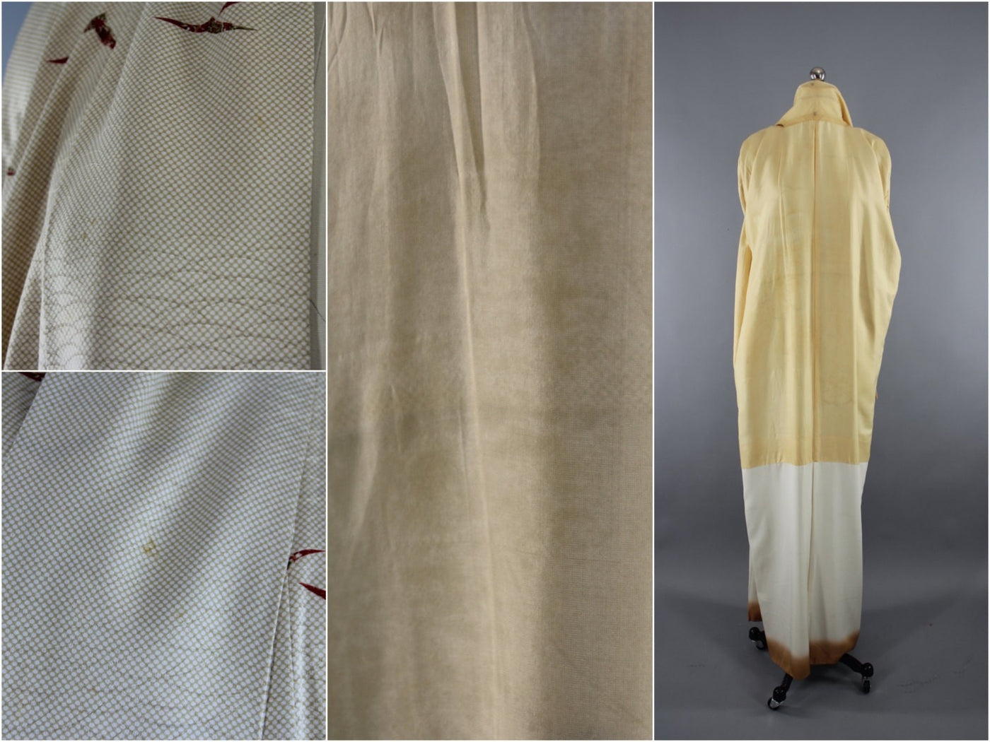 1960s Vintage Silk Kimono Robe with Ivory Gold Origami Birds - ThisBlueBird