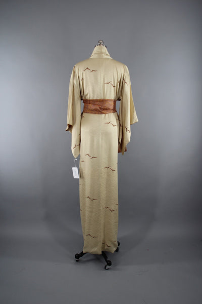 1960s Vintage Silk Kimono Robe with Ivory Gold Origami Birds - ThisBlueBird