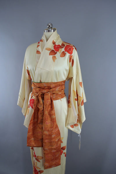 1960s Vintage Silk Kimono Robe with Ivory & Orange Floral Print - ThisBlueBird