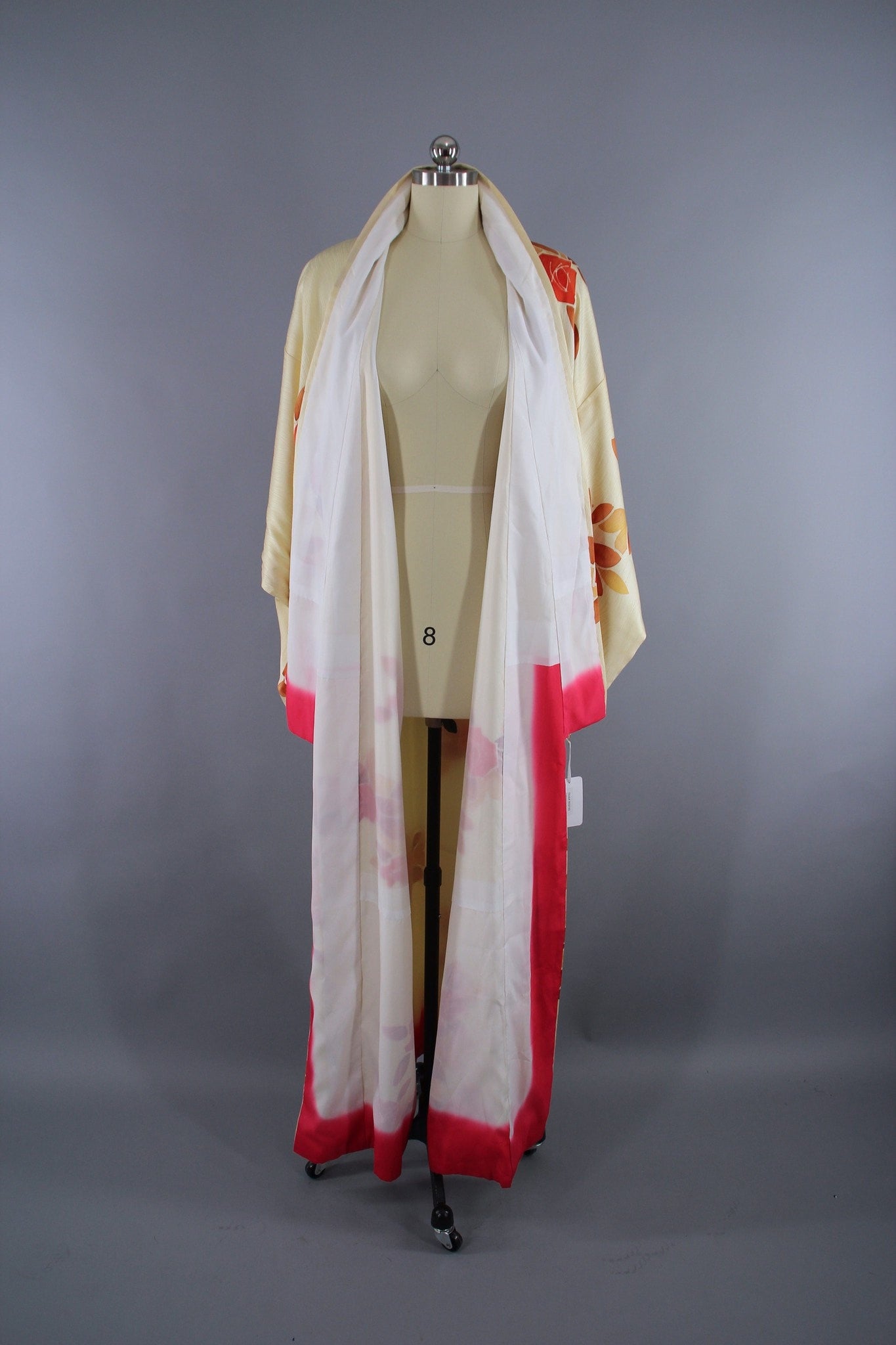 1960s Vintage Silk Kimono Robe with Ivory & Orange Floral Print - ThisBlueBird