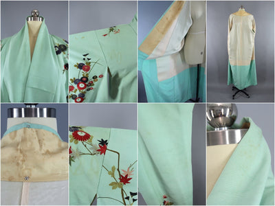 1960s Vintage Silk Kimono Robe with Mint Green Floral Print - ThisBlueBird