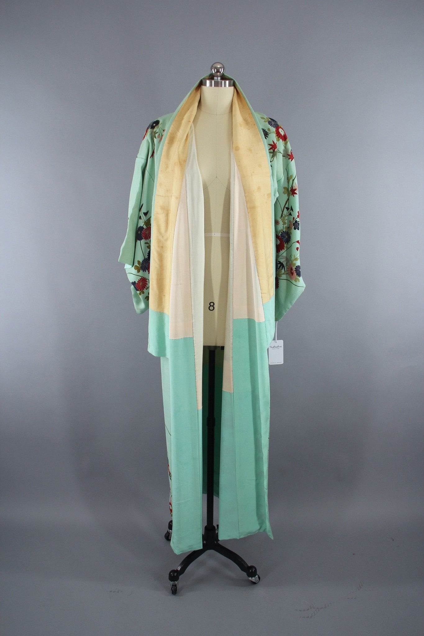 1960s Vintage Silk Kimono Robe with Mint Green Floral Print - ThisBlueBird