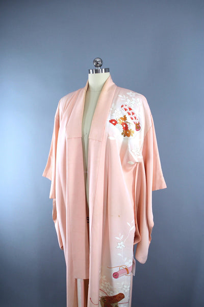 1960s Vintage Silk Kimono Robe with Pastel Peach Floral Print - ThisBlueBird