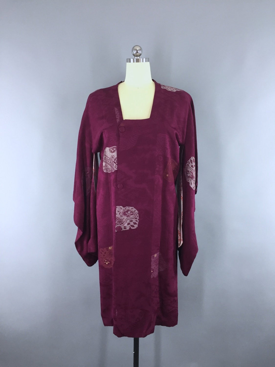1960s Vintage Silk Michiyuki Kimono Jacket Coat with Maroon Urushi Embroidery - ThisBlueBird