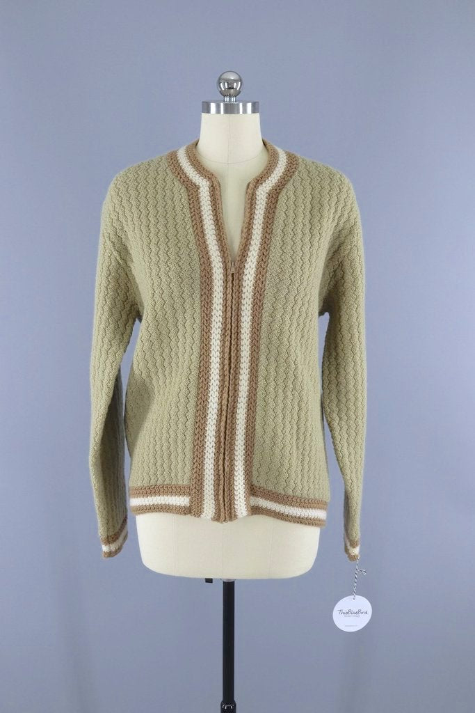 1960s Vintage Tan Wool Zip Front Cardigan Sweater-ThisBlueBird