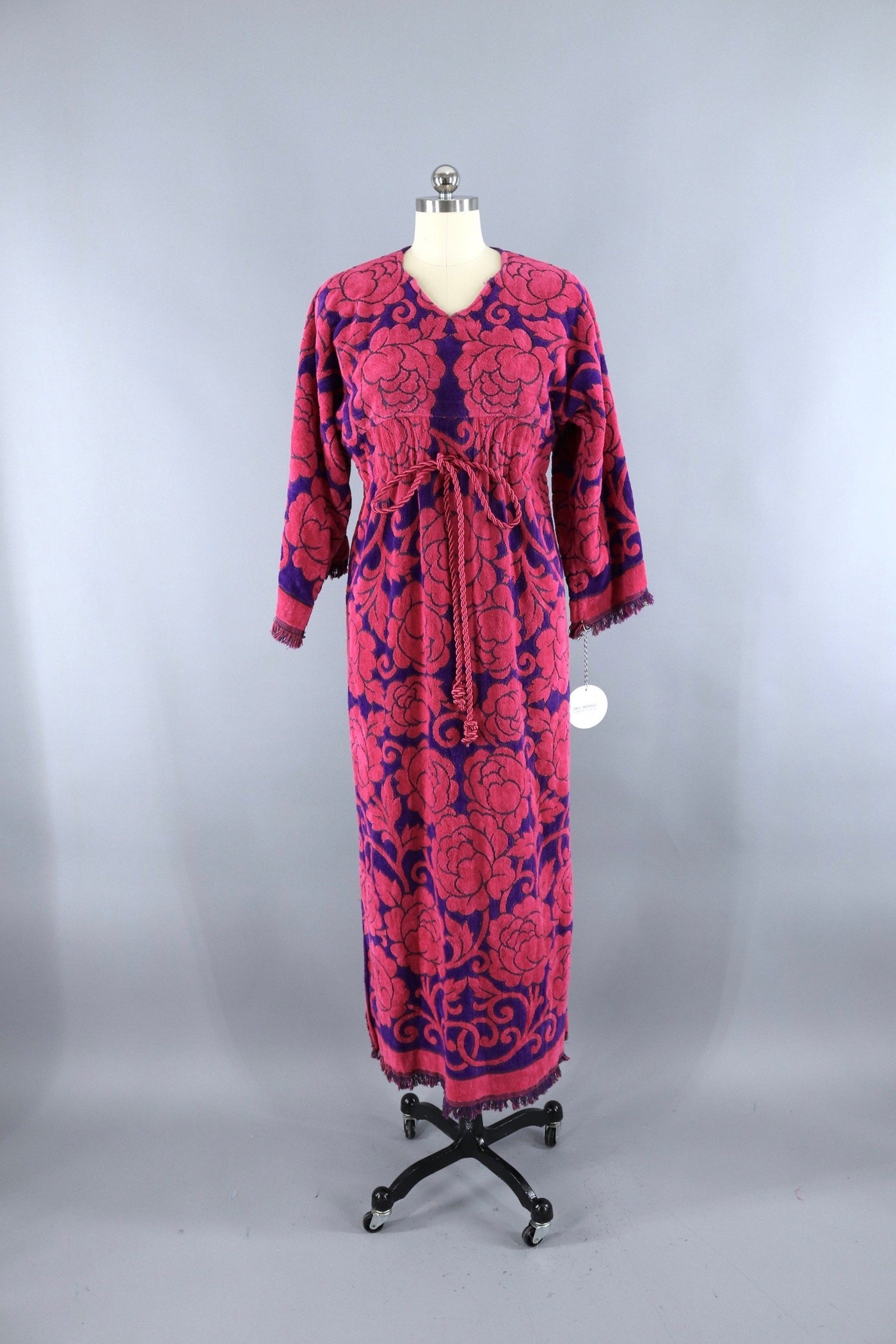 1960s Vintage Terry Cloth Towel Dress / Pink & Purple Roses - ThisBlueBird
