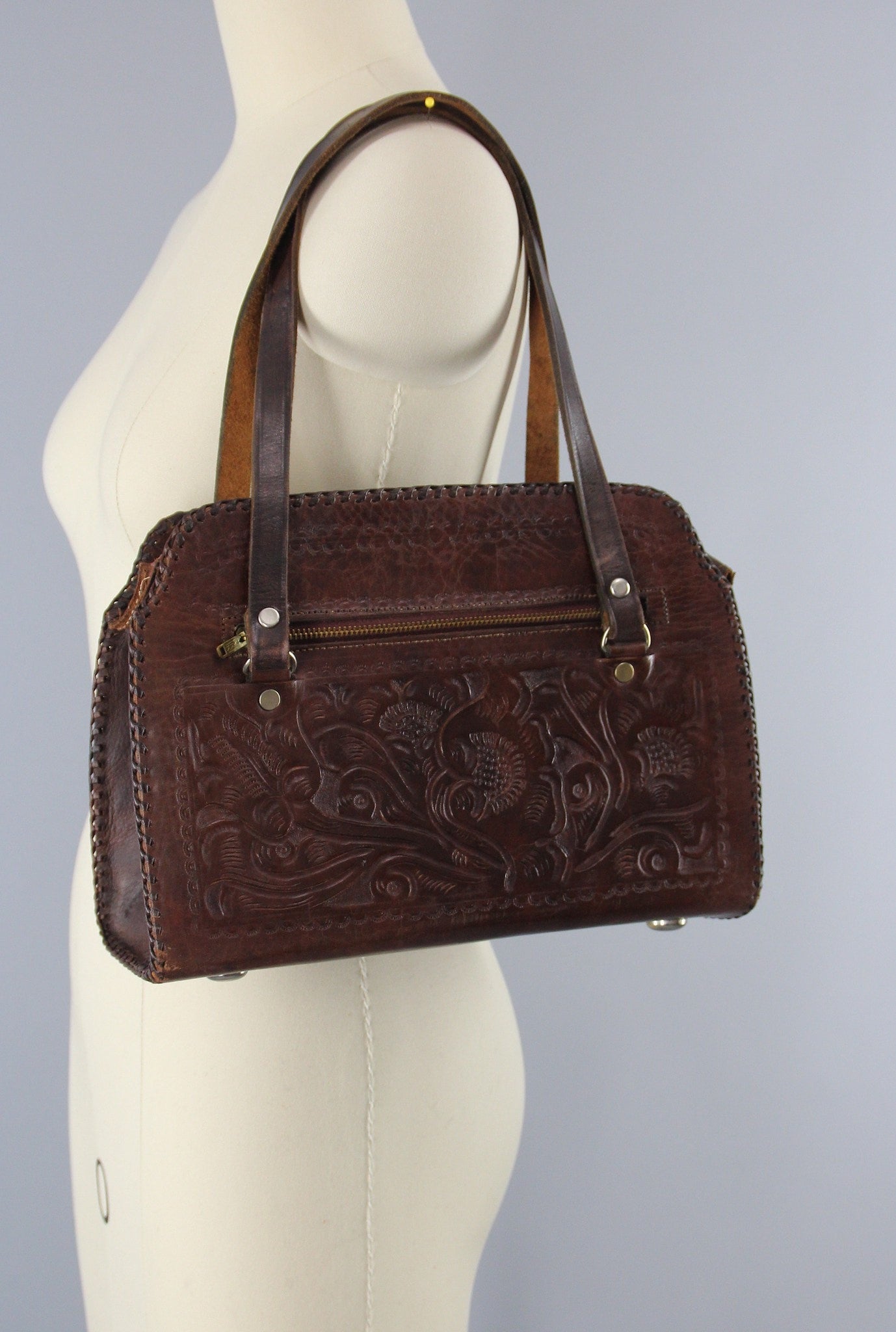 1960s Vintage Tooled Leather Shoulder Bag Handbag - ThisBlueBird