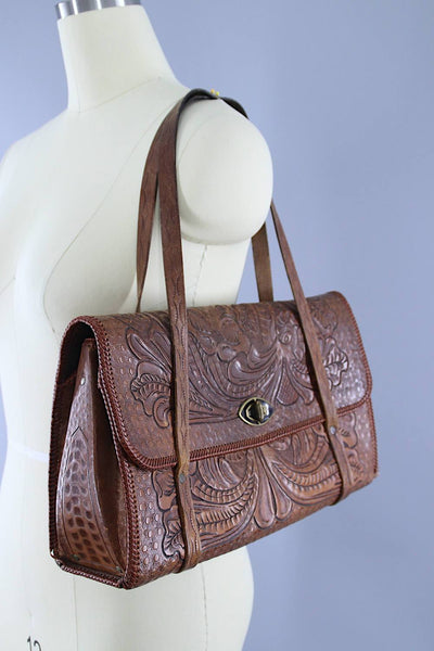 1960s Vintage Tooled Leather Shoulder Bag / Tortoise Lucite Clasp - ThisBlueBird