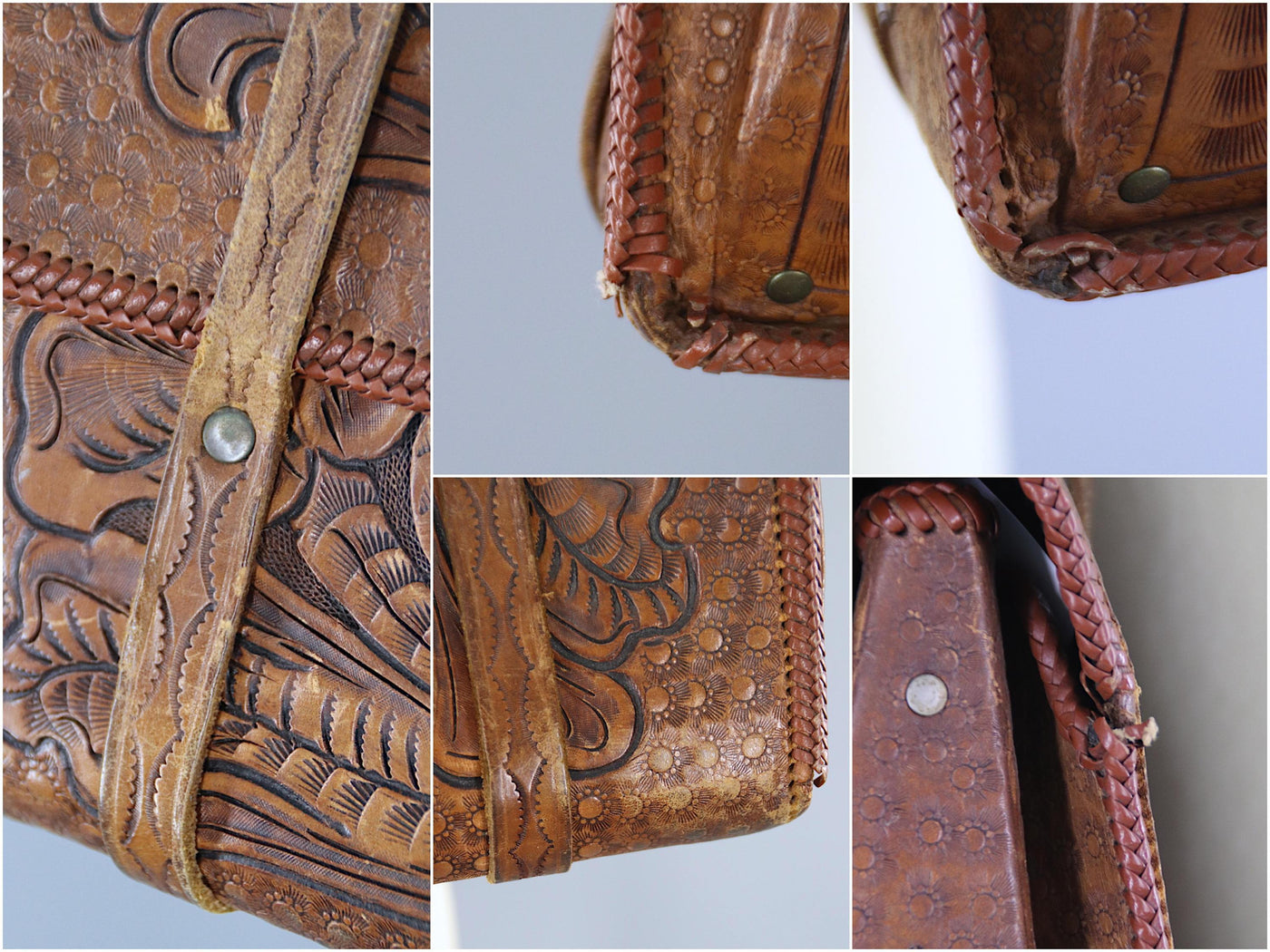1960s Vintage Tooled Leather Shoulder Bag / Tortoise Lucite Clasp - ThisBlueBird
