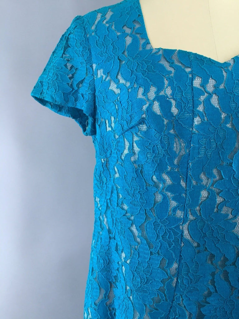 1960s Vintage Turquoise Lace Cocktail Dress - ThisBlueBird
