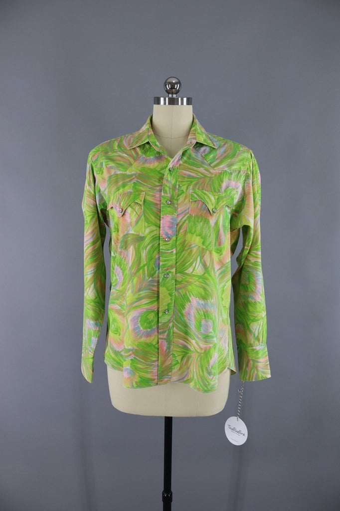 1960s Vintage Western Shirt / Green & Pink Print - ThisBlueBird