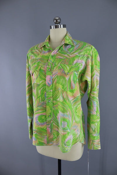 1960s Vintage Western Shirt / Green & Pink Print - ThisBlueBird