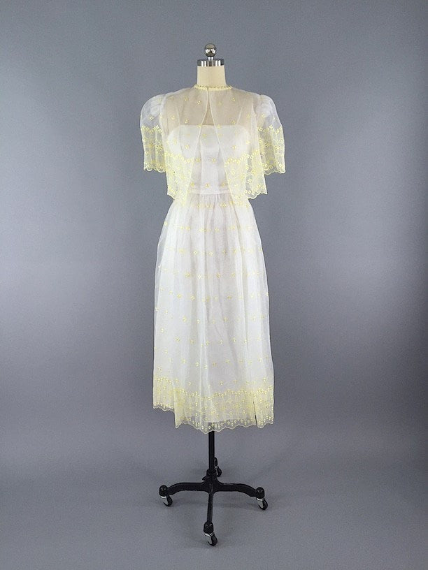 1960s Vintage White and Yellow Chiffon Dress - ThisBlueBird