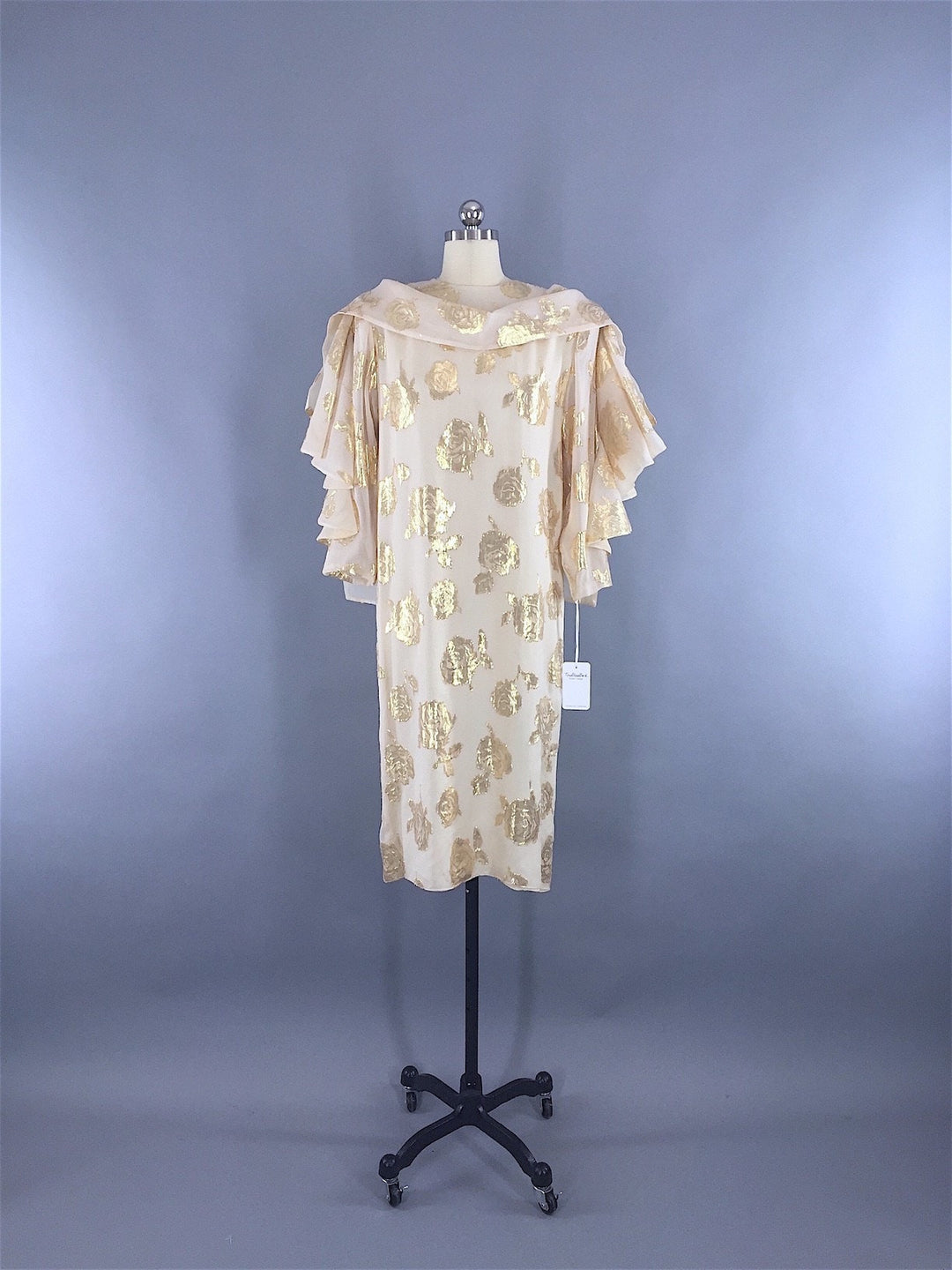 1970s - 1980s Vintage HANAE MORI Designer Dress in Ivory Chiffon with Gold Roses - ThisBlueBird